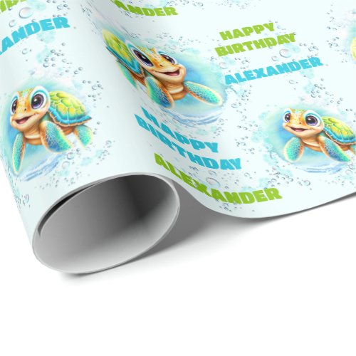 Cute Happy Sea Turtle Boy Name 1st Birthday Wrapping Paper