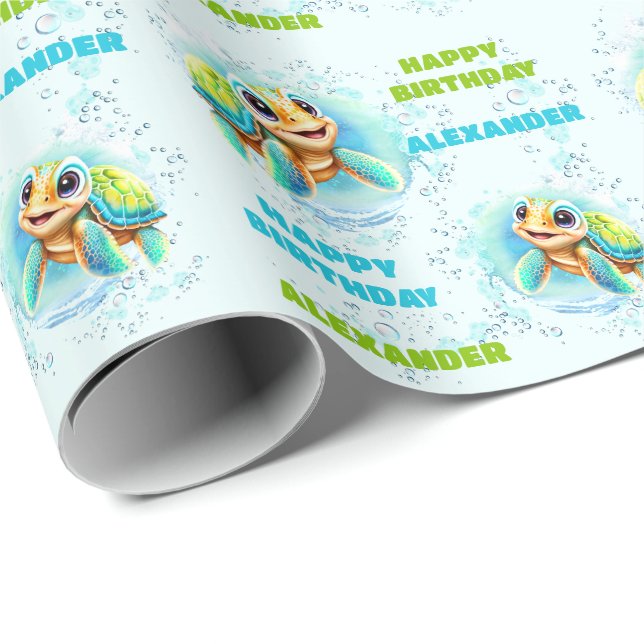 Cute Happy Sea Turtle Boy Name 1st Birthday Wrapping Paper (Roll Corner)