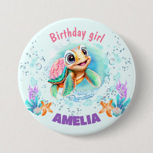 Cute Happy Sea Turtle Colorful 1st Birthday Button