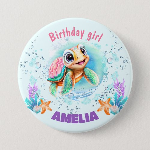 Cute Happy Sea Turtle Colorful 1st Birthday Button