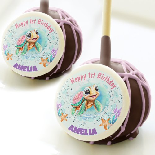 Cute Happy Sea Turtle Colorful 1st Birthday Cake Pops