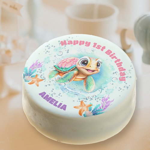 Cute Happy Sea Turtle Colorful 1st Birthday Chocolate Covered Oreo