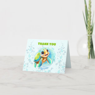 Cute Happy Sea Turtle Little Boy 1st Birthday Letterpress Thank You Card