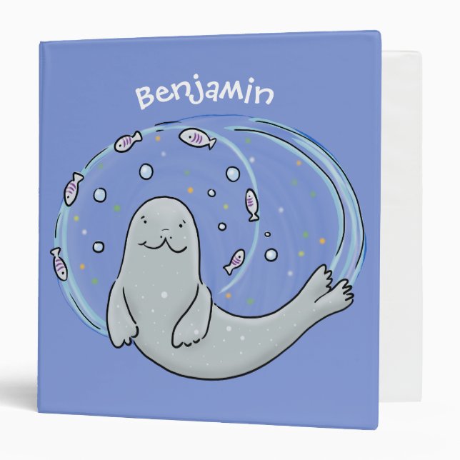 Cute happy seal and fish blue cartoon illustration 3 ring binder (Front/Inside)