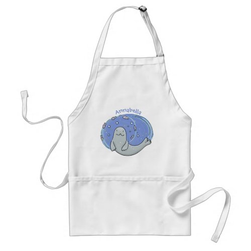 Cute happy seal and fish blue cartoon illustration adult apron