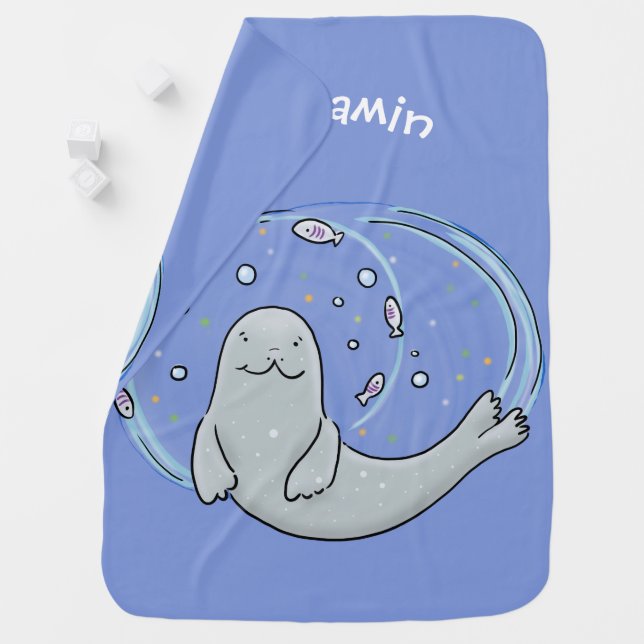 Cute happy seal and fish blue cartoon illustration baby blanket (In Situ)