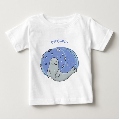 Cute happy seal and fish blue cartoon illustration baby T_Shirt