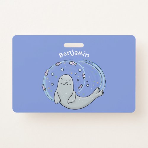 Cute happy seal and fish blue cartoon illustration badge