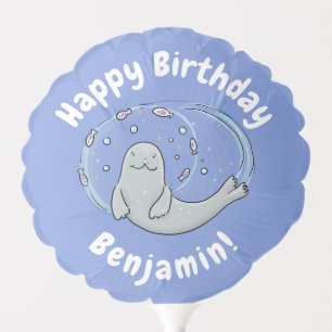 Cute happy seal and fish blue cartoon illustration balloon