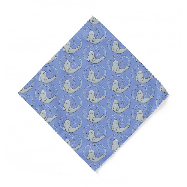 Cute happy seal and fish blue cartoon illustration bandana (Front)