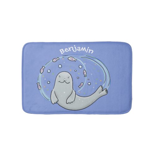 Cute happy seal and fish blue cartoon illustration bath mat