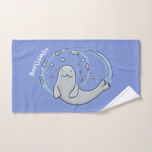 Cute happy seal and fish blue cartoon illustration bath towel set