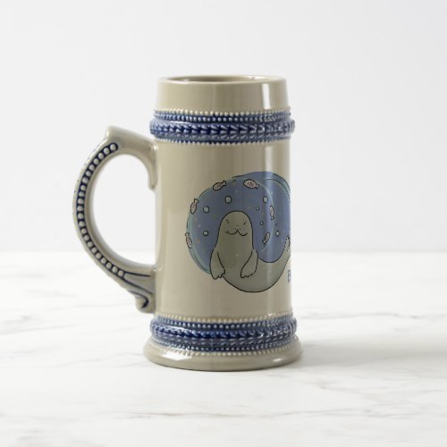 Cute happy seal and fish blue cartoon illustration beer stein