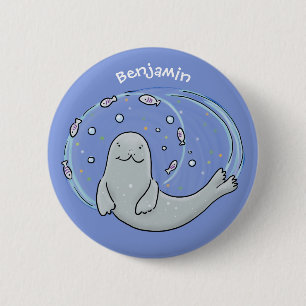 Cute happy seal and fish blue cartoon illustration button