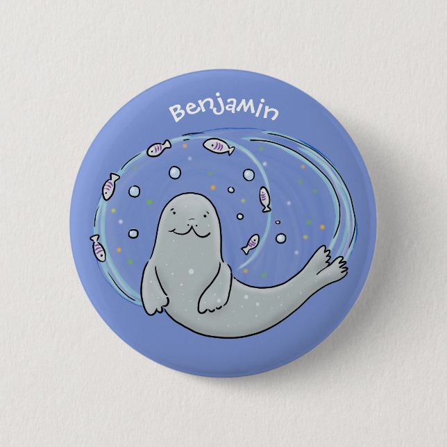 Cute happy seal and fish blue cartoon illustration button (Front)