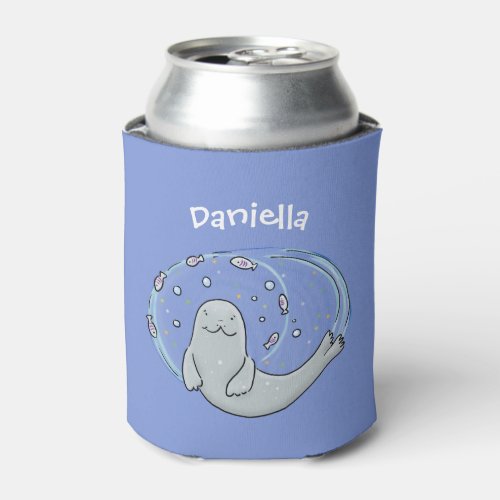 Cute happy seal and fish blue cartoon illustration can cooler
