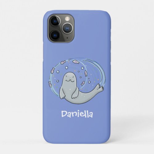 Cute happy seal and fish blue cartoon illustration iPhone 11 pro case