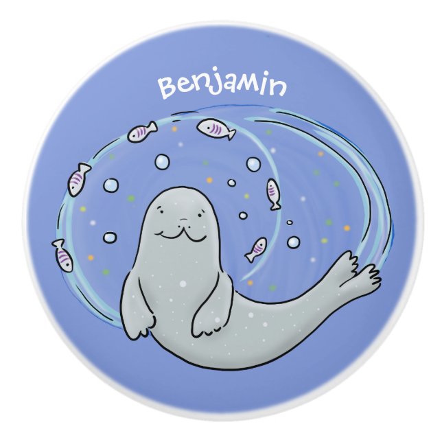 Cute happy seal and fish blue cartoon illustration ceramic knob (Front)