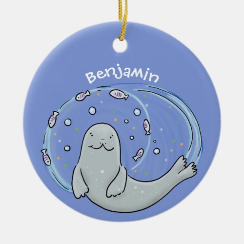 Cute happy seal and fish blue cartoon illustration ceramic ornament