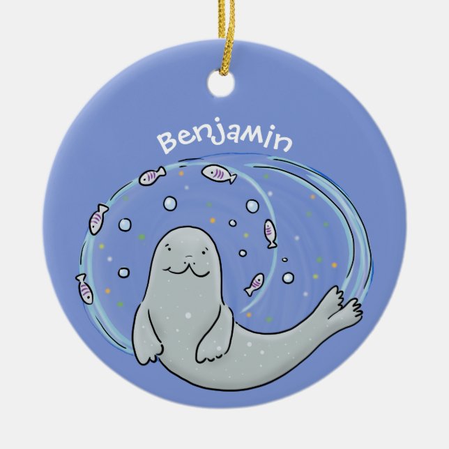 Cute happy seal and fish blue cartoon illustration ceramic ornament (Front)