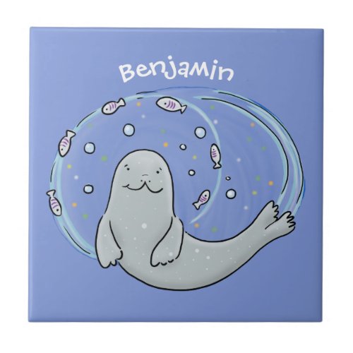 Cute happy seal and fish blue cartoon illustration ceramic tile