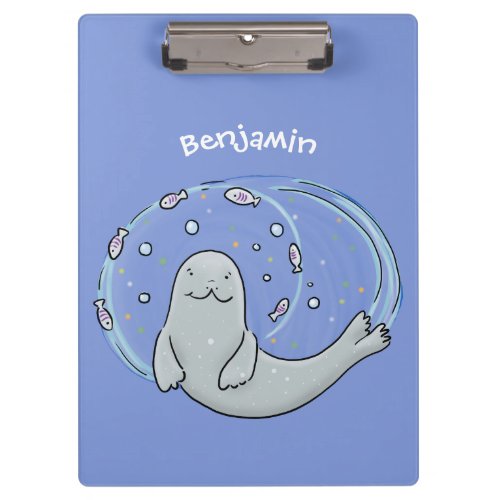 Cute happy seal and fish blue cartoon illustration clipboard