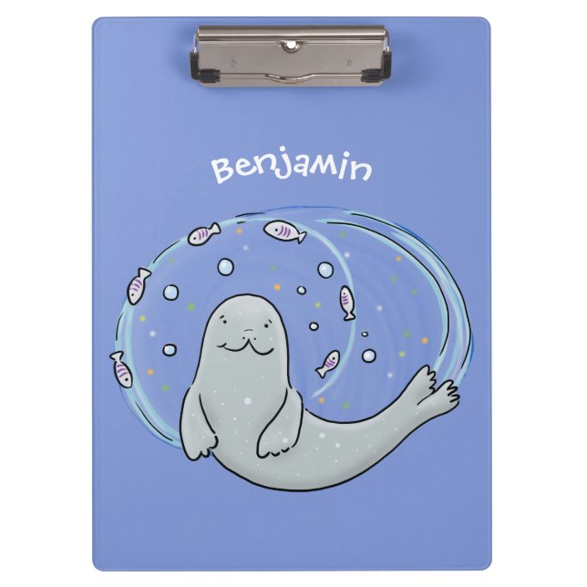 Cute happy seal and fish blue cartoon illustration clipboard (Front)