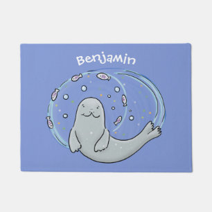 Cute happy seal and fish blue cartoon illustration doormat