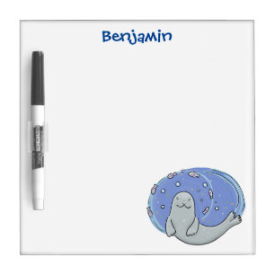 Cute happy seal and fish blue cartoon illustration dry erase board
