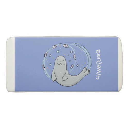 Cute happy seal and fish blue cartoon illustration eraser
