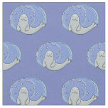 Cute happy seal and fish blue cartoon illustration fabric