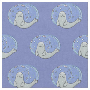 Cute happy seal and fish blue cartoon illustration fabric
