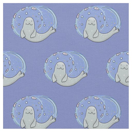 Cute happy seal and fish blue cartoon illustration fabric