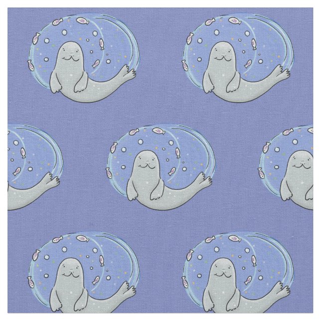 Cute happy seal and fish blue cartoon illustration fabric (Close Up)