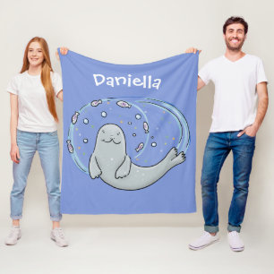 Cute happy seal and fish blue cartoon illustration fleece blanket