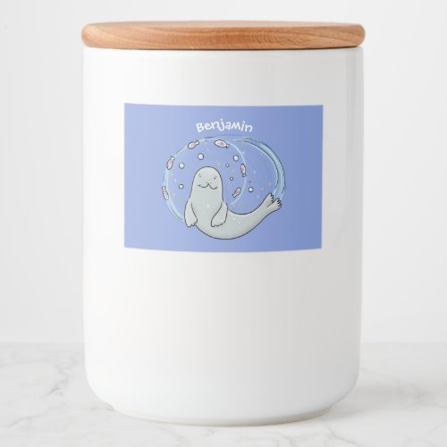 Cute happy seal and fish blue cartoon illustration food label