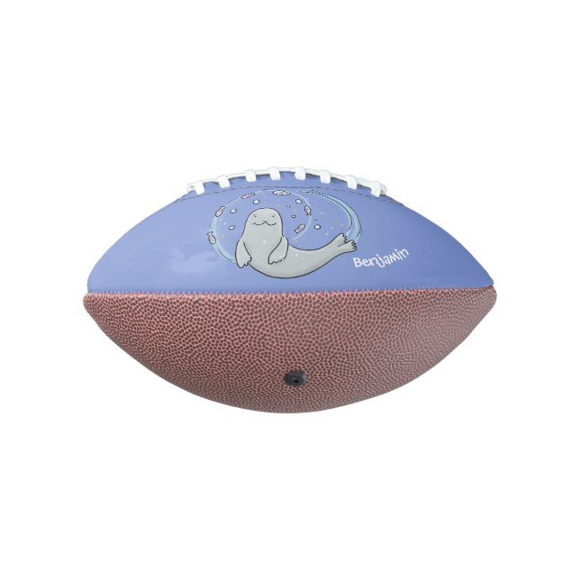 Cute happy seal and fish blue cartoon illustration football (Rotated 270)