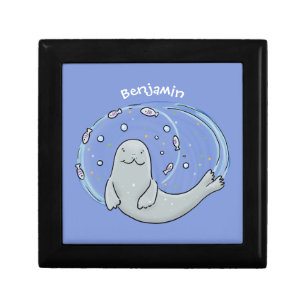 Cute happy seal and fish blue cartoon illustration gift box