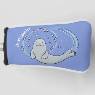 Cute happy seal and fish blue cartoon illustration golf head cover