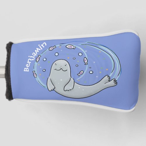Cute happy seal and fish blue cartoon illustration golf head cover