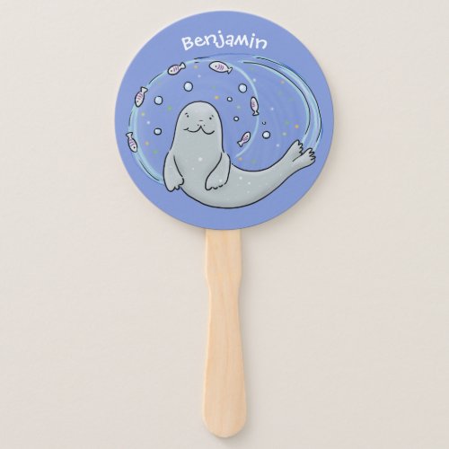 Cute happy seal and fish blue cartoon illustration hand fan