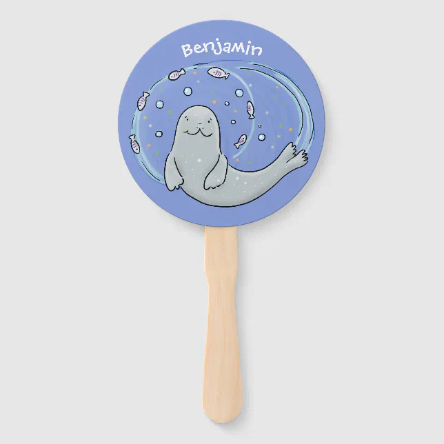 Cute happy seal and fish blue cartoon illustration hand fan | Zazzle