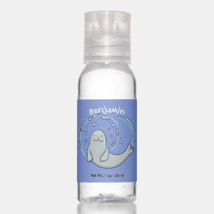 Cute happy seal and fish blue cartoon illustration hand sanitizer