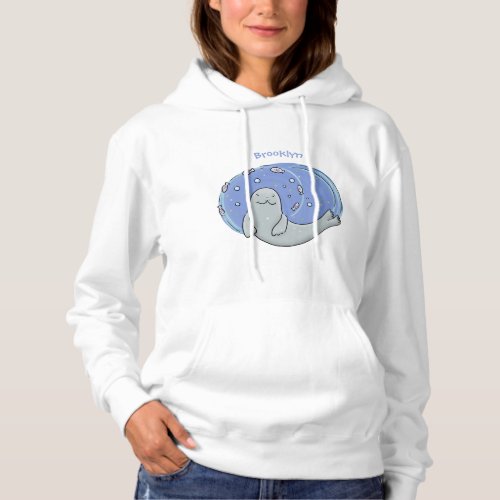 Cute happy seal and fish blue cartoon illustration hoodie