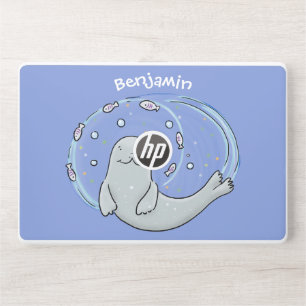 Cute happy seal and fish blue cartoon illustration HP laptop skin