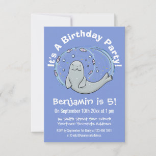 Cute happy seal and fish blue cartoon illustration invitation
