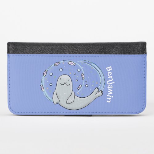 Cute happy seal and fish blue cartoon illustration iPhone x wallet case