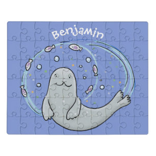 Cute happy seal and fish blue cartoon illustration jigsaw puzzle