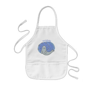 Cute happy seal and fish blue cartoon illustration kids' apron
