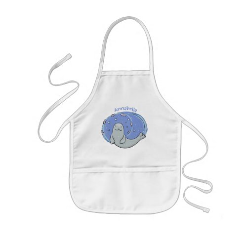 Cute happy seal and fish blue cartoon illustration kids apron